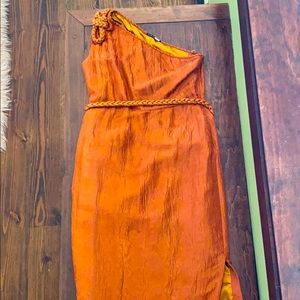 Elie Tahari orange metallic midi w/ braided belt